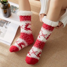 Women Warm Winter Outdoor Christmas Style Elk Snowflake Pattern Plus Velvet Thicken Home Sleep Socks Tube Socks