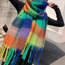 Women Cashmere Dual  use Rainbow Mixed Color Stripes Thicken Warm Plus Long Tassel Scarf Shawl