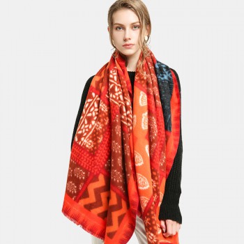 Women Geometric Stitching Pattern Artificial Cashmere Shawl Autumn Winter Warm Long Dual  use Scarf